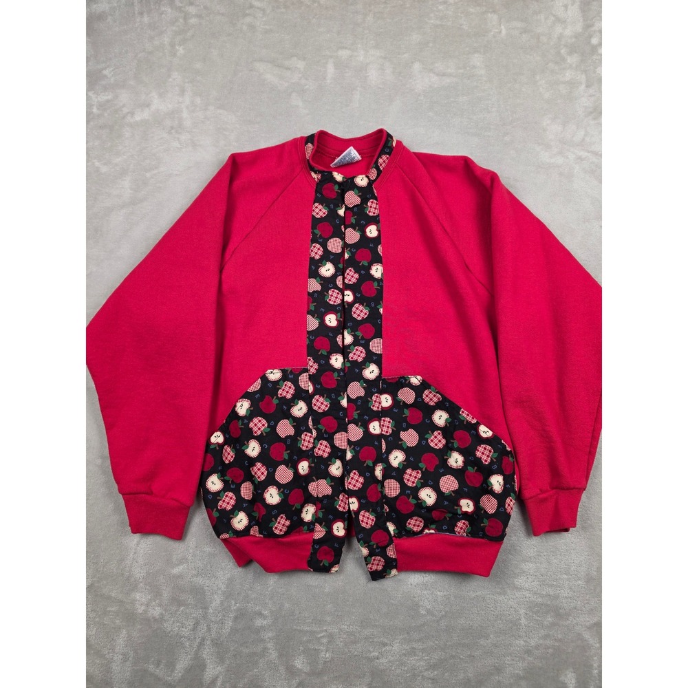 Vtg Fruit of the Loom Cardigan Women XL Red Apple Teacher Open Front Sweatshirt